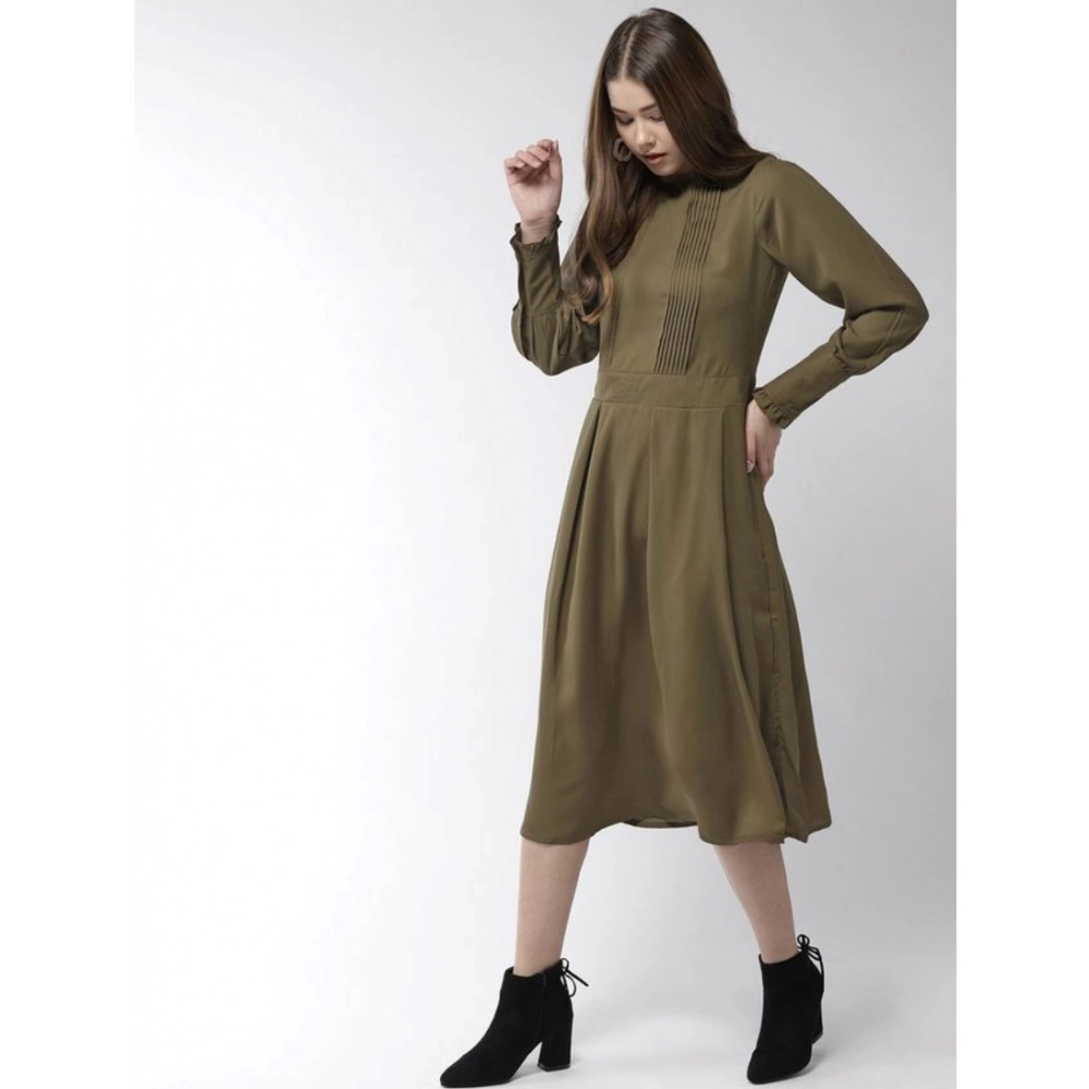 Generic Women's Polyester Pintuck Long Sleeves Below Knee Dress (Olive) - Image 3