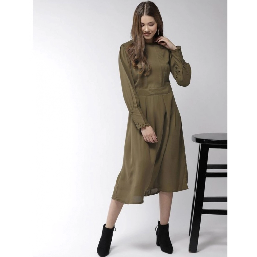 Generic Women's Polyester Pintuck Long Sleeves Below Knee Dress (Olive) - Image 5