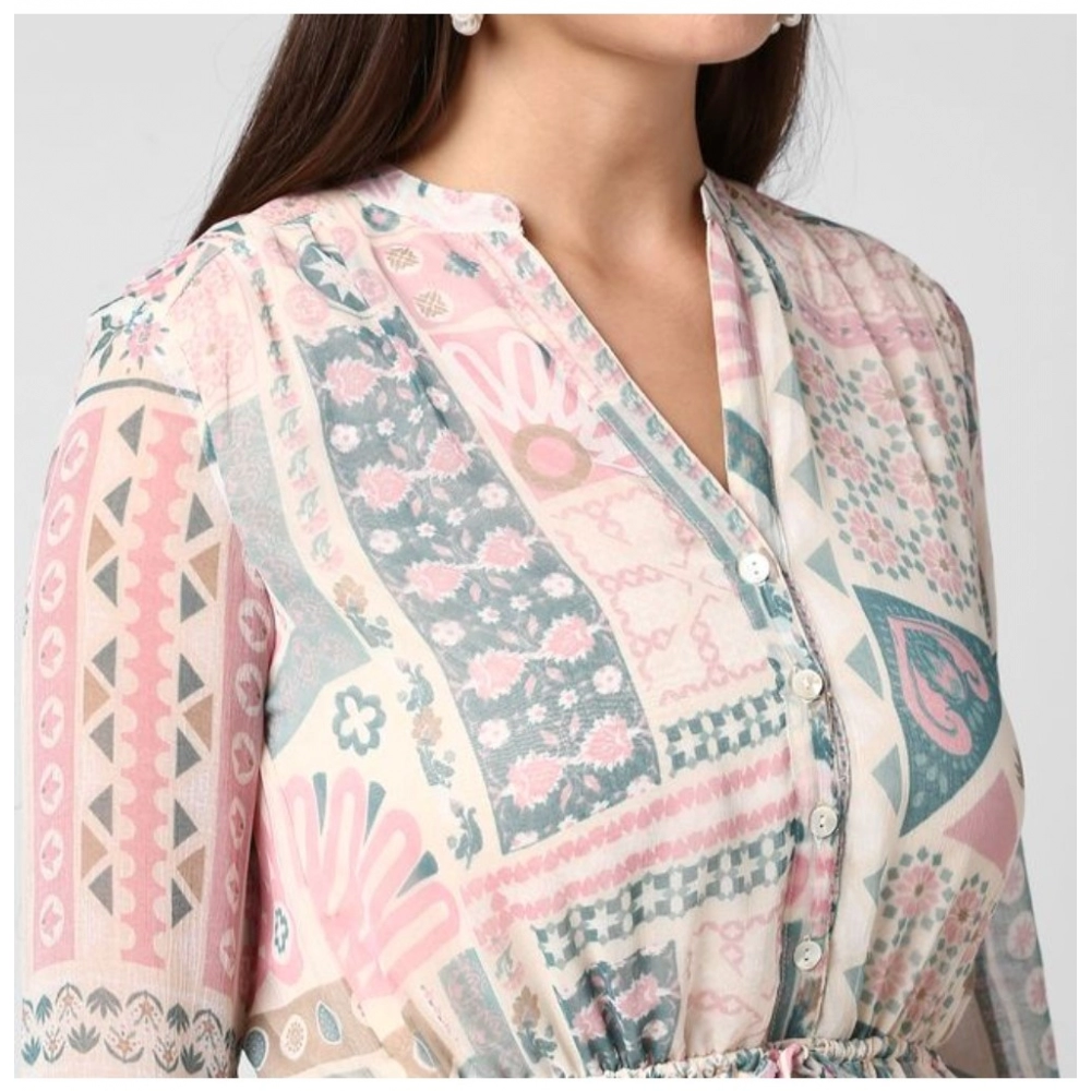 Generic Women's Polyester Printed Long Sleeves Above Knee Dress (Light Pink - Off White) - Image 2