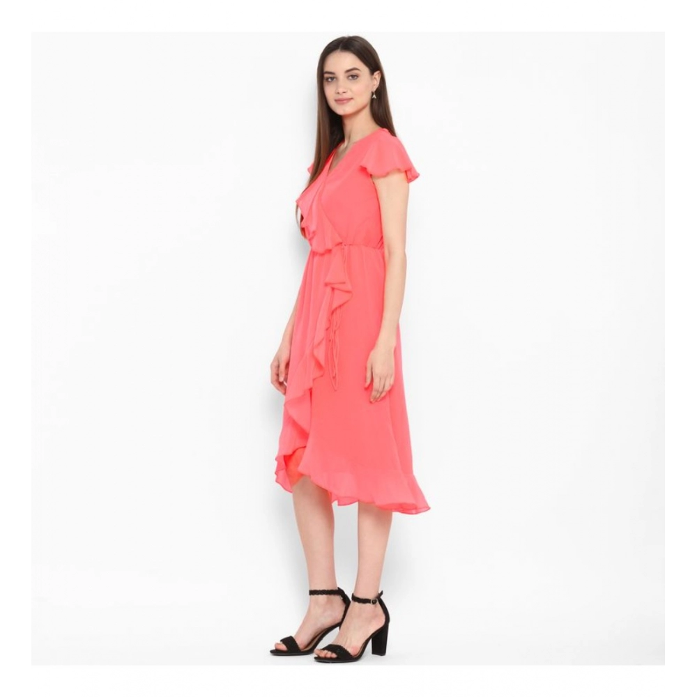 Generic Women's Polyester Ruffled Cap Sleeve Below Knee Dress (Coral Pink) - Image 3