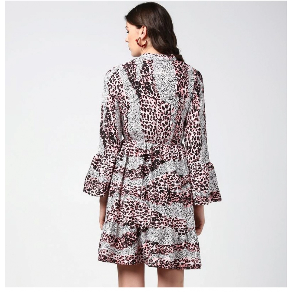 Generic Women's Polyester Animal Print Bell Sleeve Above Knee Dress (Pink - Black) - Image 7