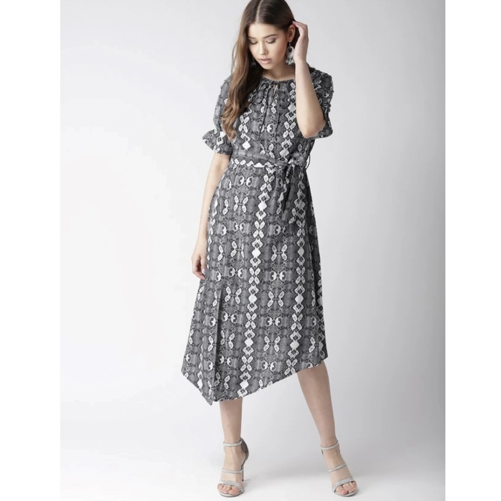 Generic Women's Polyester Animal Print Short Sleeve Knee-Length Dress (Black - White) - Image 6