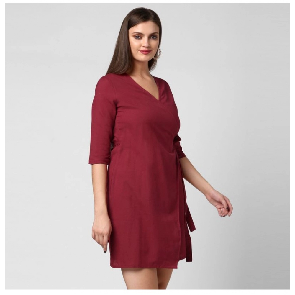 Generic Women's Cotton Solid 3-4th Sleeves Above Knee Dress (Maroon) - Image 3