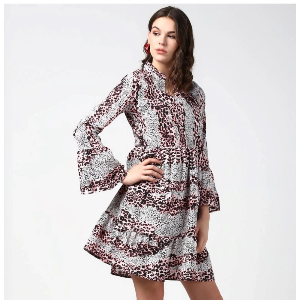 Generic Women's Polyester Animal Print Bell Sleeve Above Knee Dress (Pink - Black) - Image 4
