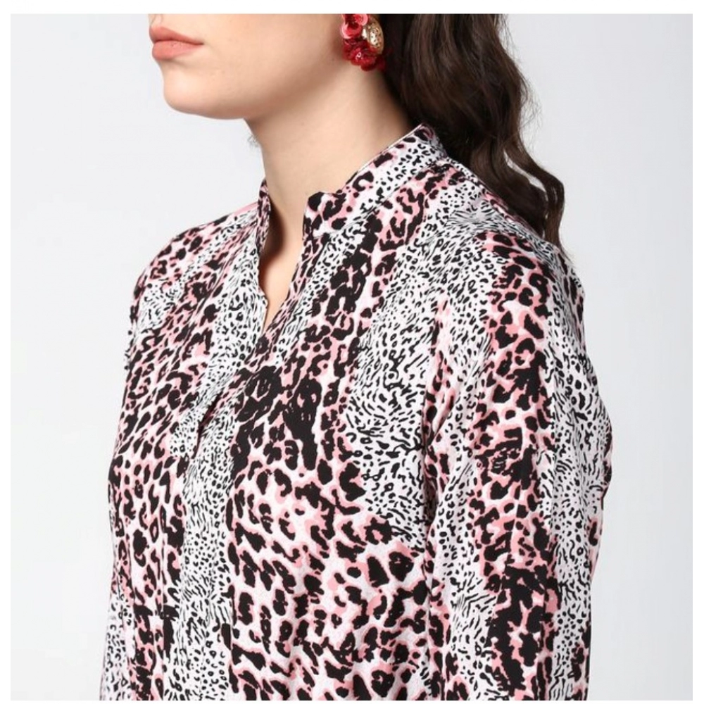Generic Women's Polyester Animal Print Bell Sleeve Above Knee Dress (Pink - Black) - Image 2