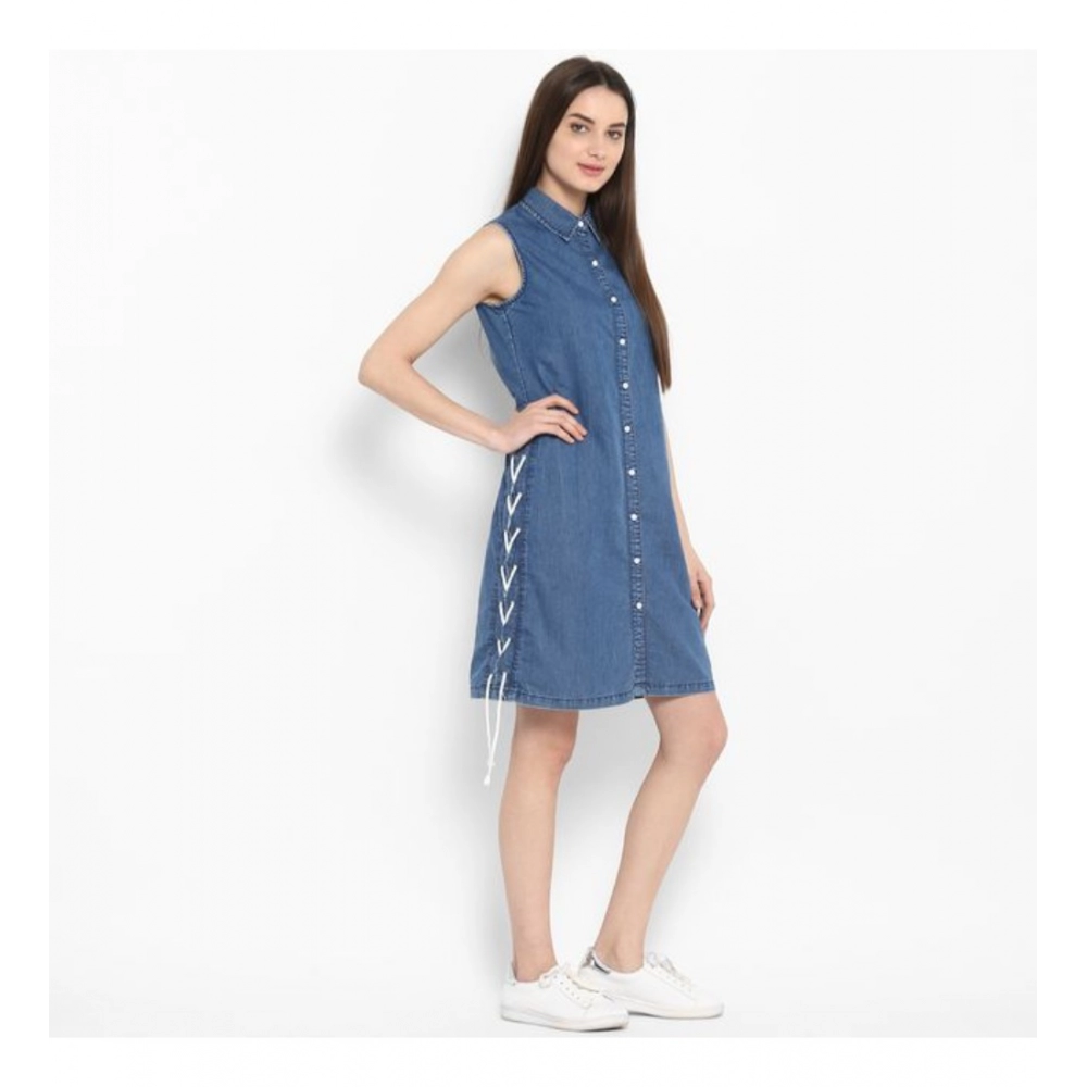 Generic Women's Denim Solid Sleeveless Above Knee Dress (Blue) - Image 4