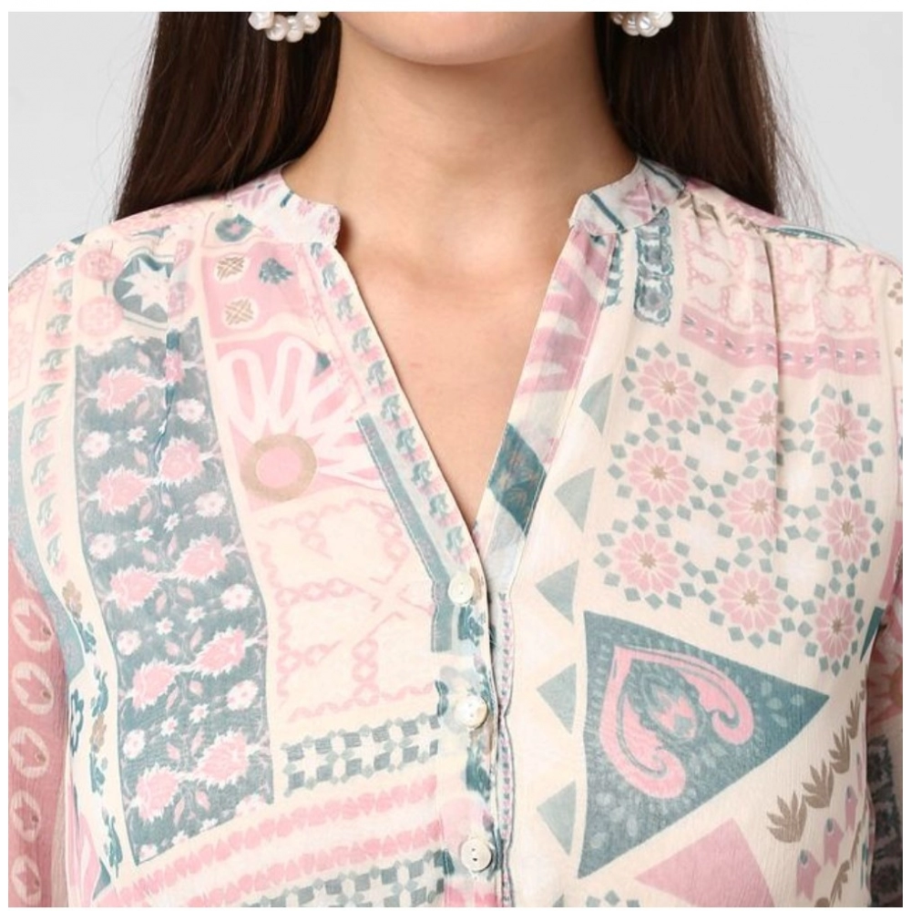 Generic Women's Polyester Printed Long Sleeves Above Knee Dress (Light Pink - Off White) - Image 3