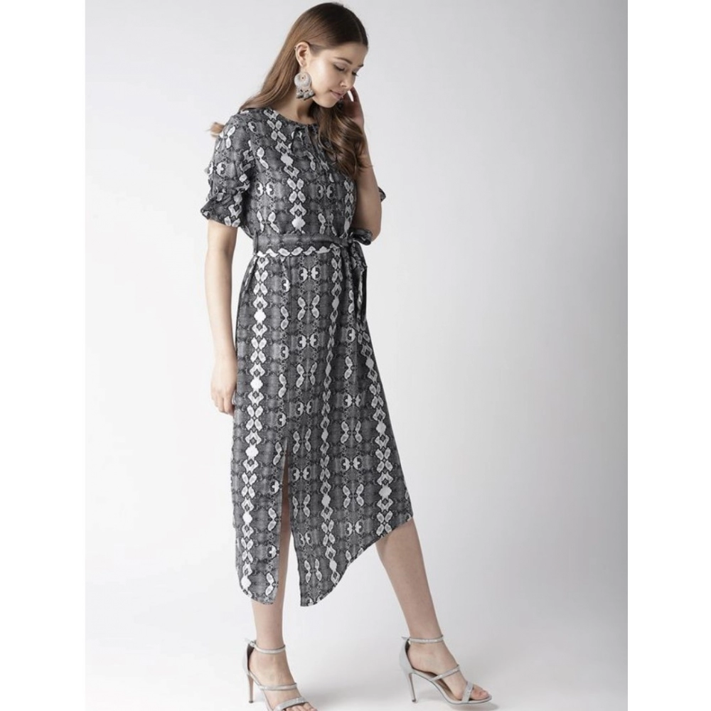 Generic Women's Polyester Animal Print Short Sleeve Knee-Length Dress (Black - White) - Image 4