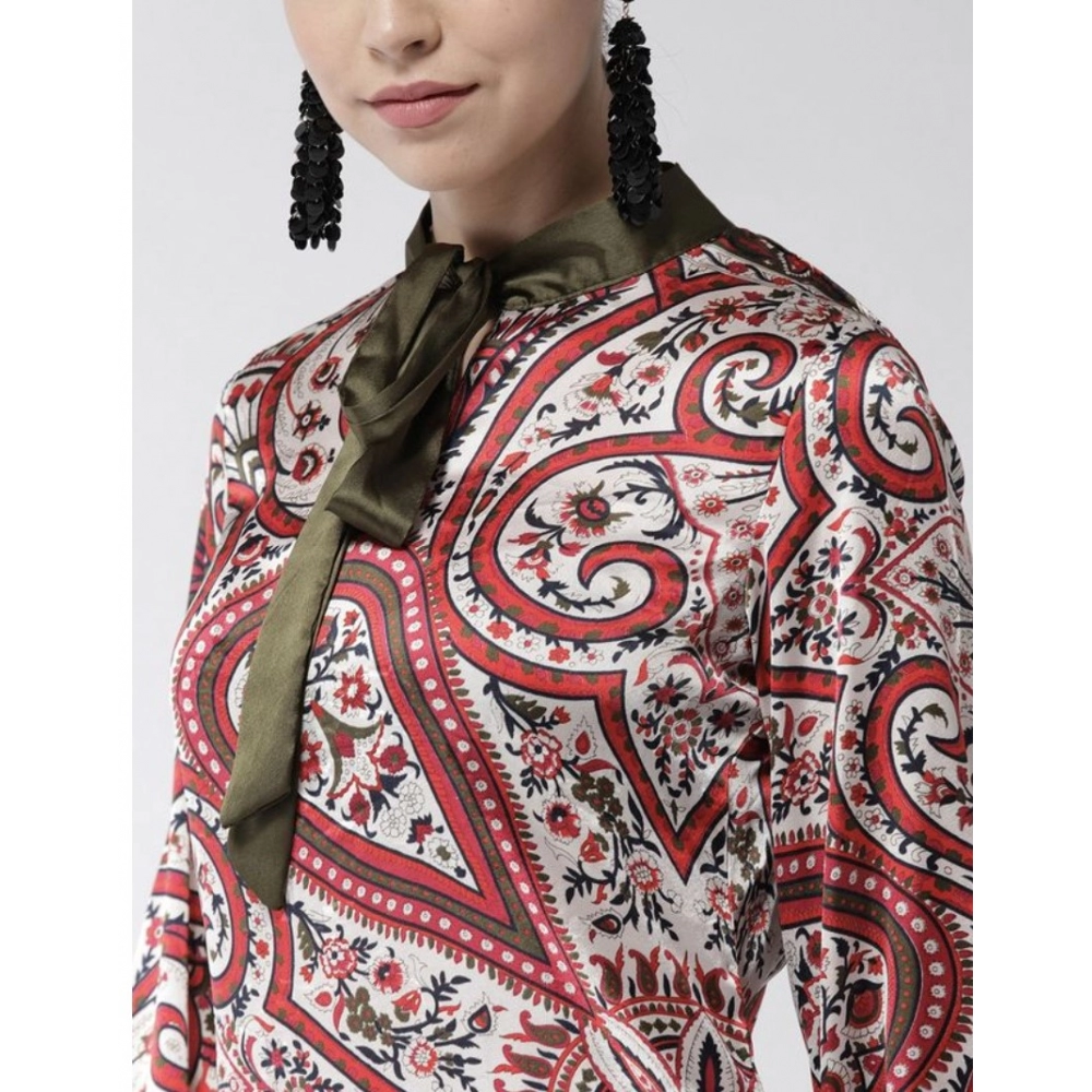 Generic Women's Polyester Printed Long Sleeves Above Knee Dress (Red) - Image 2