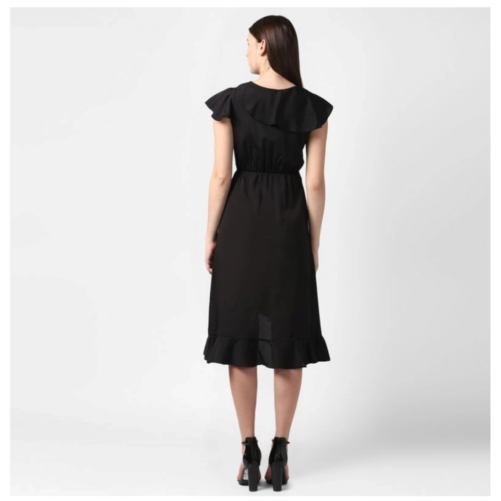 Generic Women's Polyester Ruffled Cap Sleeve Knee-Length Dress (Black) - Image 6