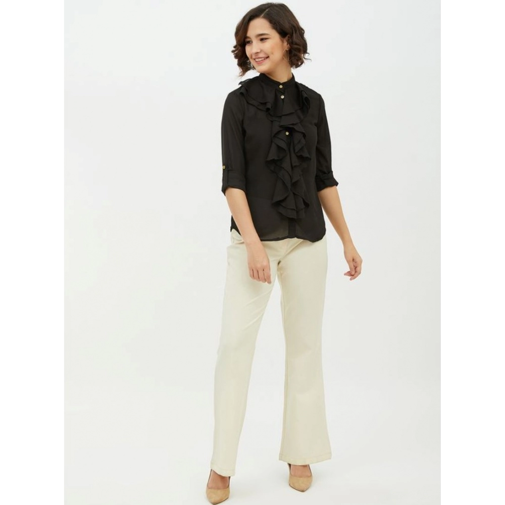 Generic Women's Polyester Ruffled Long Sleeves Standard Length Shirt (Black) - Image 6