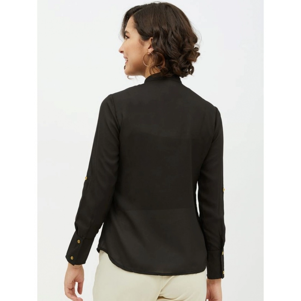 Generic Women's Polyester Ruffled Long Sleeves Standard Length Shirt (Black) - Image 7
