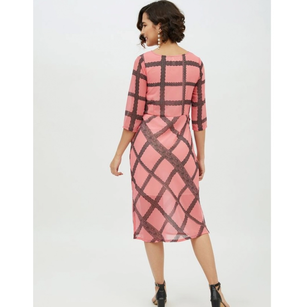 Generic Women's Polyester Checkered 3-4th Sleeves Below Knee Dress (Pink) - Image 7
