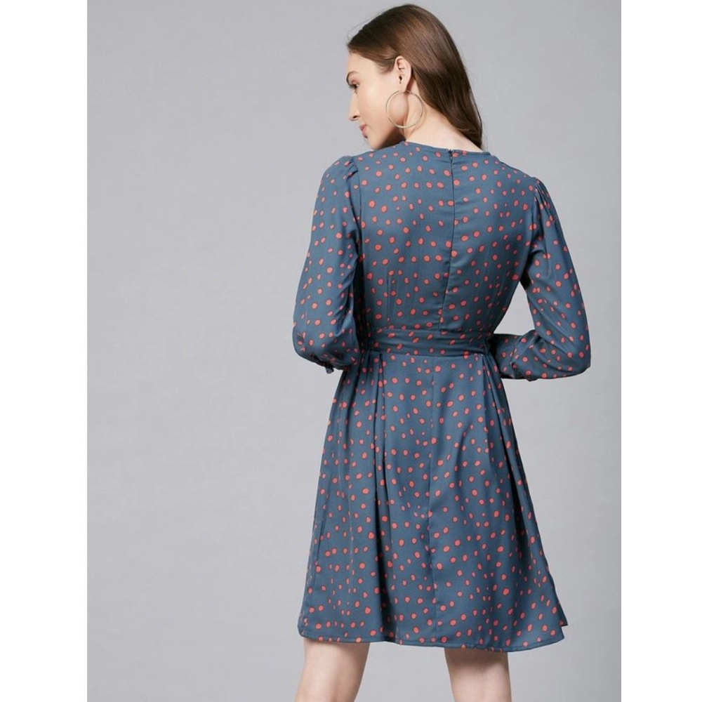 Generic Women's Polyester Polka Long Sleeves Above Knee Dress (Grey - Coral) - Image 7