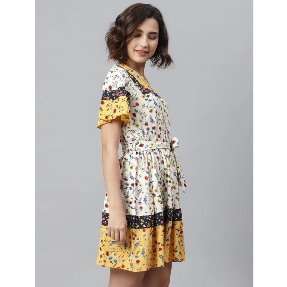 Generic Women's Polyester Floral Flutter Above Knee Dress (Multicolor) - Image 3