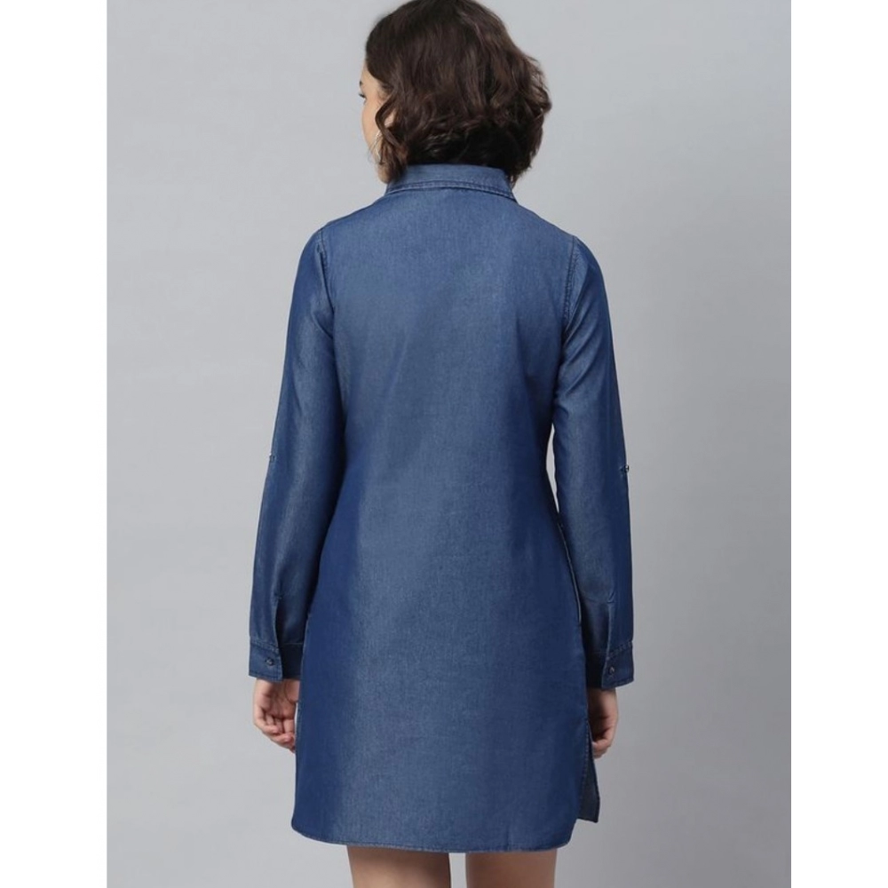 Generic Women's Denim Solid Long Sleeves Above Knee Dress (Navy Blue) - Image 6
