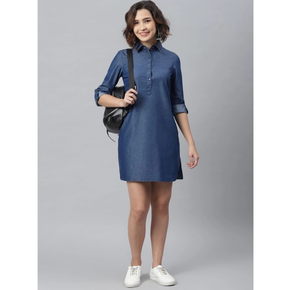 Generic Women's Denim Solid Long Sleeves Above Knee Dress (Navy Blue) - Image 5