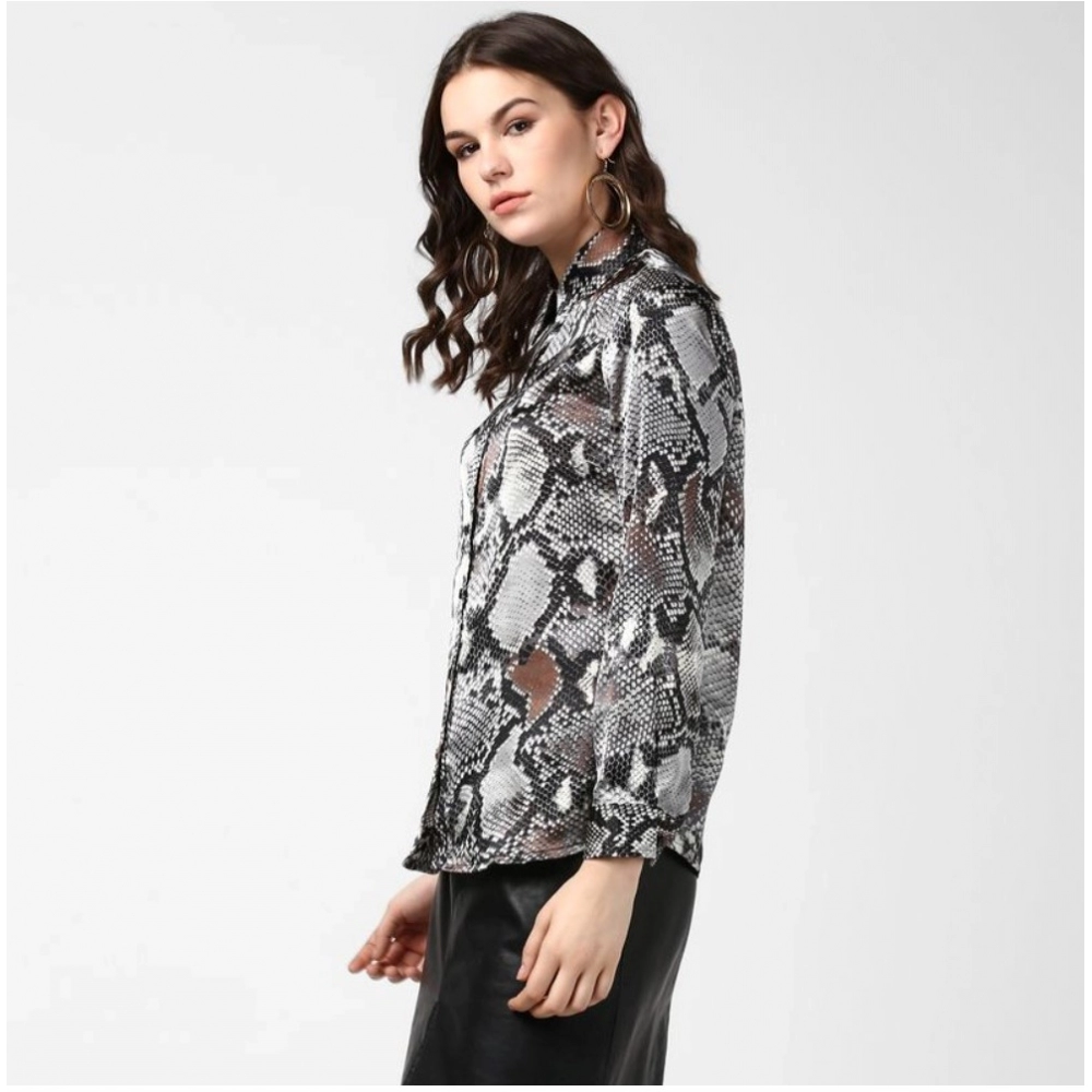 Generic Women's Satin Animal Print Long Sleeves Standard Length Shirt (Black - Grey) - Image 3