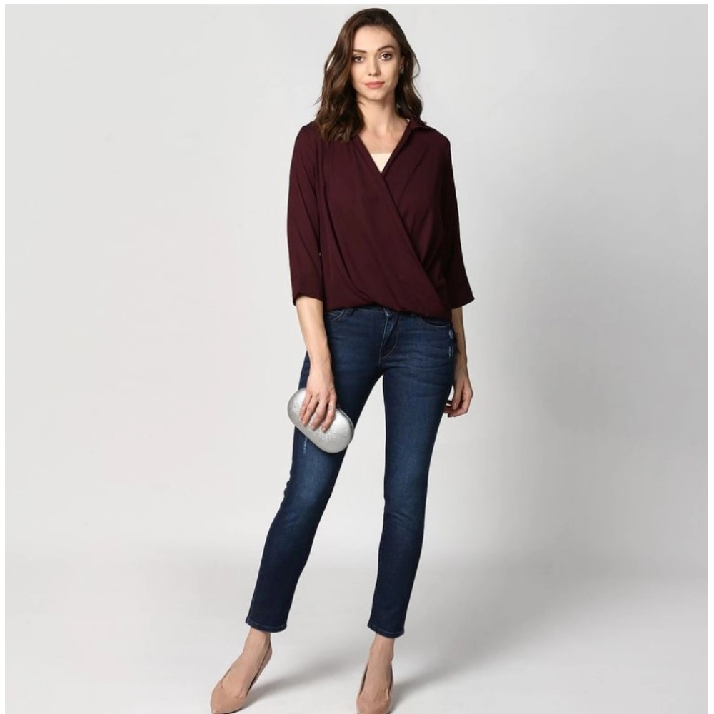 Generic Women's Polyester Solid 3-4th Sleeves Top (Maroon) - Image 6