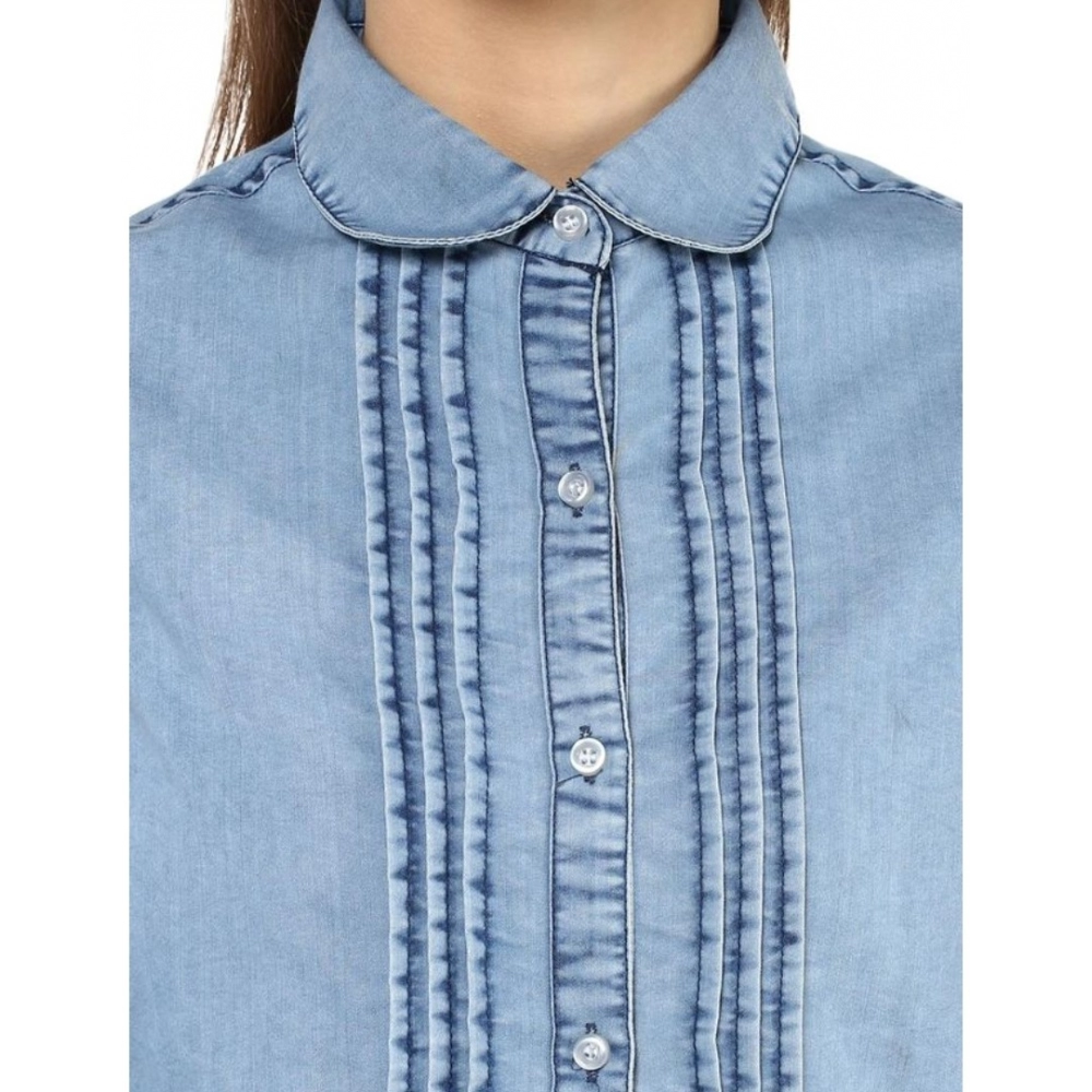 Generic Women's Denim Solid 3-4th Sleeves Standard Length Shirt (Blue) - Image 2
