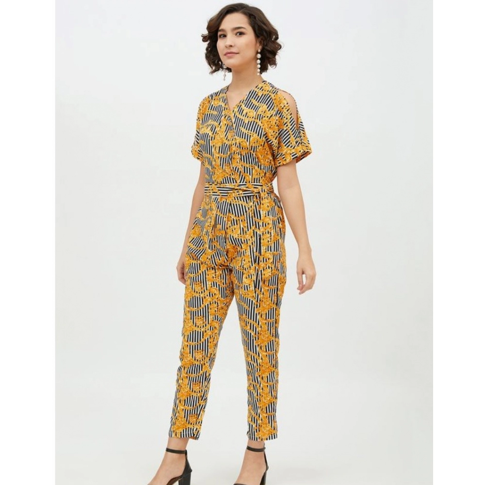 Generic Women's Polyester Printed Half Sleeve Long Jumpsuit (Yellow) - Image 3