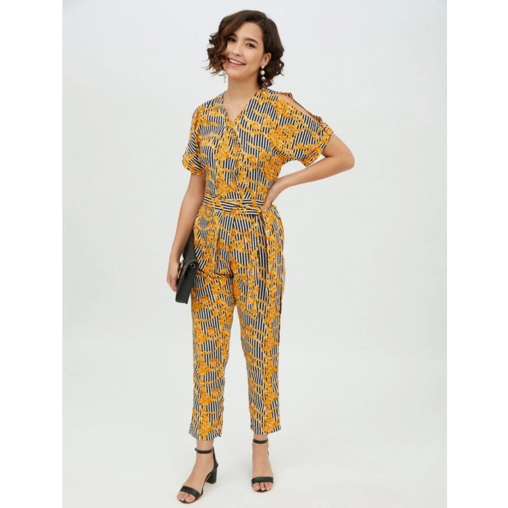 Generic Women's Polyester Printed Half Sleeve Long Jumpsuit (Yellow) - Image 6