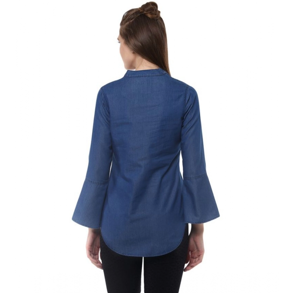 Generic Women's Denim Solid Bell Sleeve Regular Top (Blue Denim) - Image 7