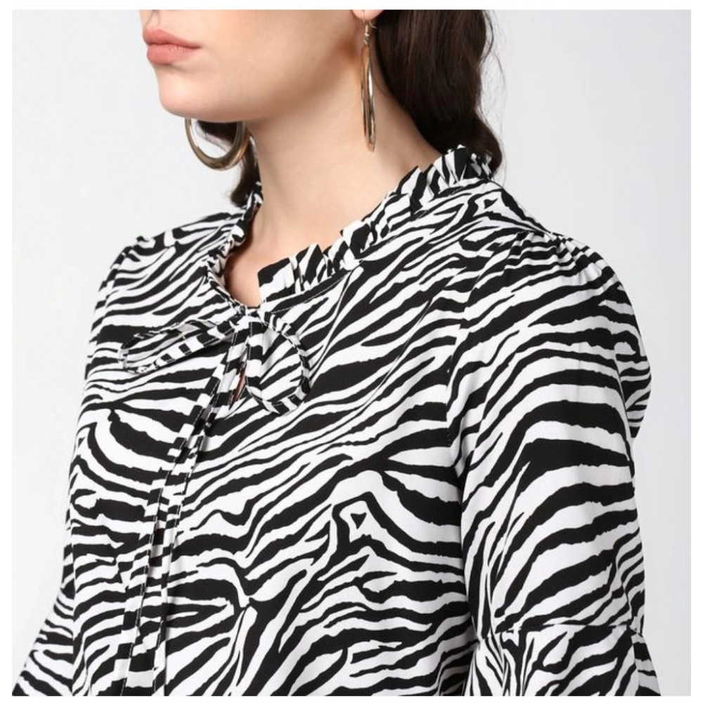 Generic Women's Polyester Animal Print Bell Sleeve Top (Black - White) - Image 2