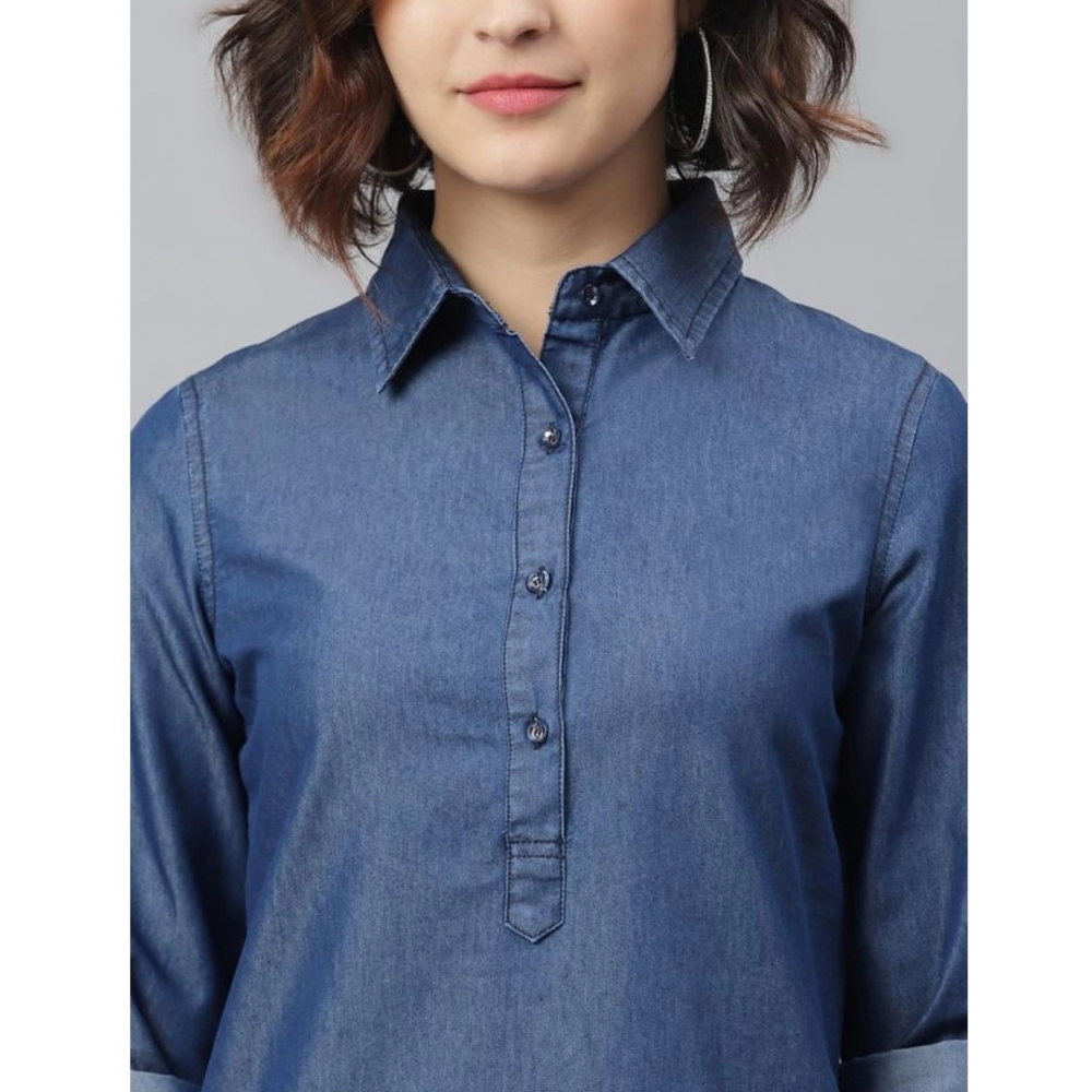 Generic Women's Denim Solid Long Sleeves Above Knee Dress (Navy Blue) - Image 2