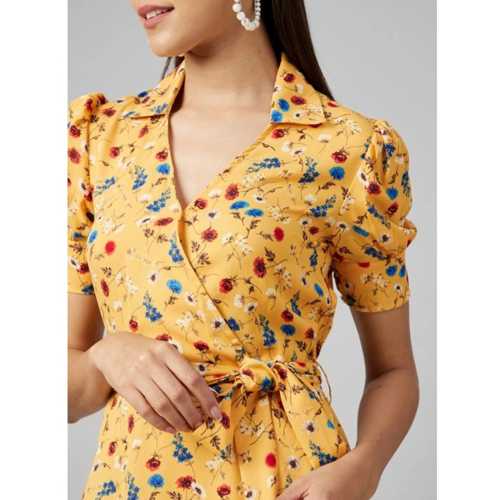 Generic Women's Polyester Floral Short Sleeve Above Knee Dress (Yellow) - Image 2