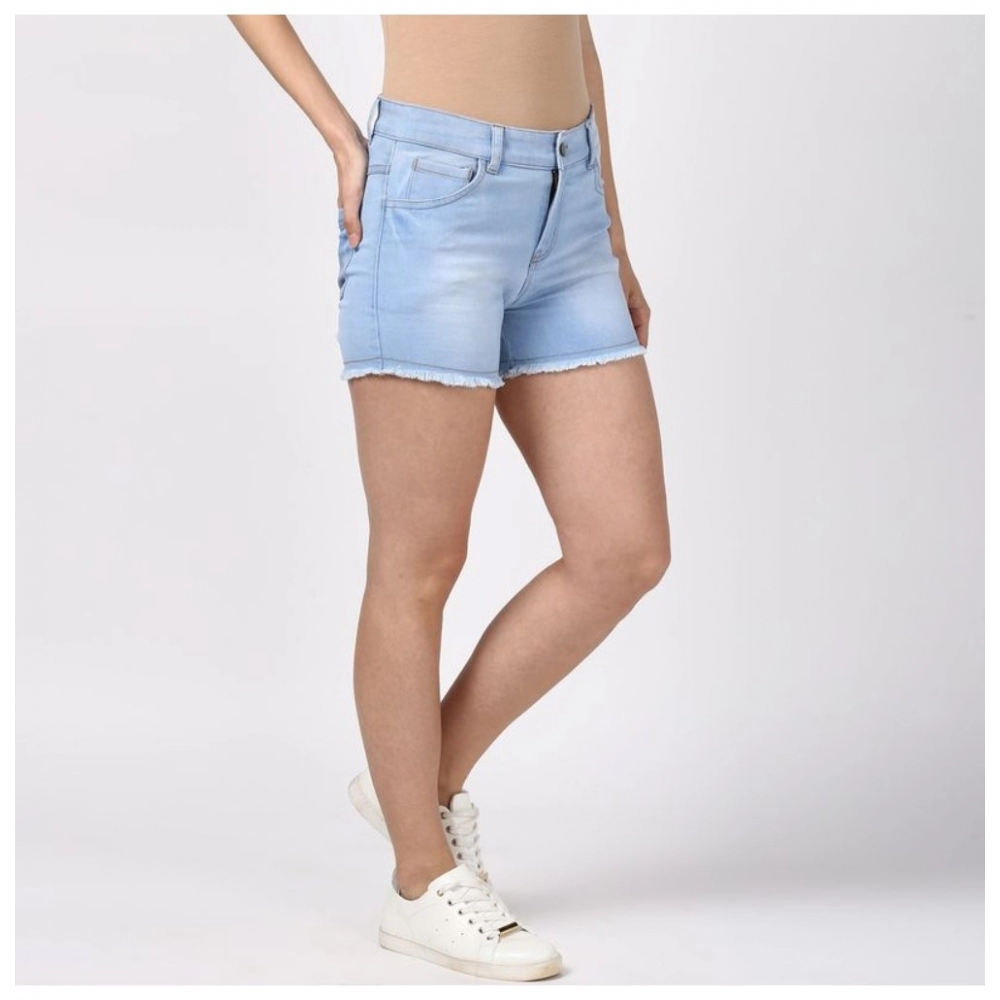 Generic Women's Denim Solid Buttoned Shorts (Blue) - Image 3