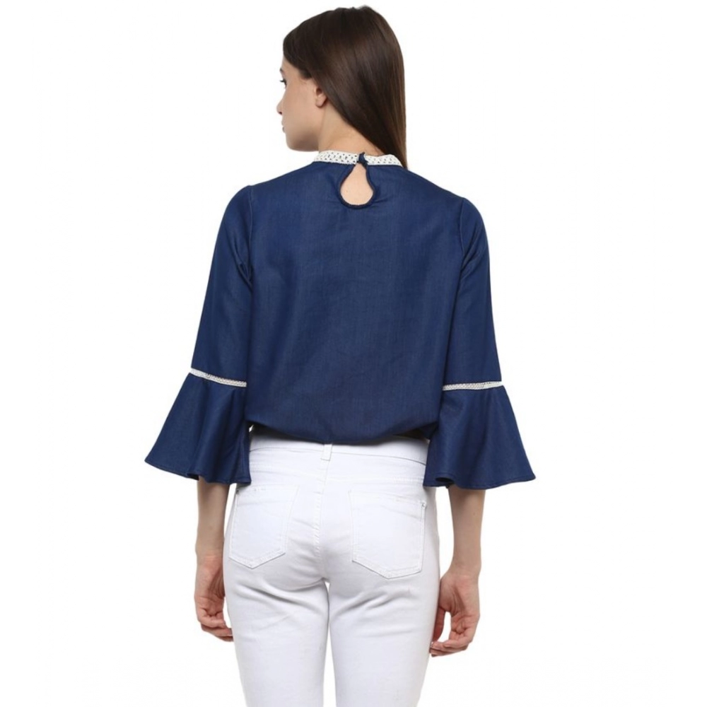 Generic Women's Polyester Solid Bell Sleeve Regular Top (Blue) - Image 6