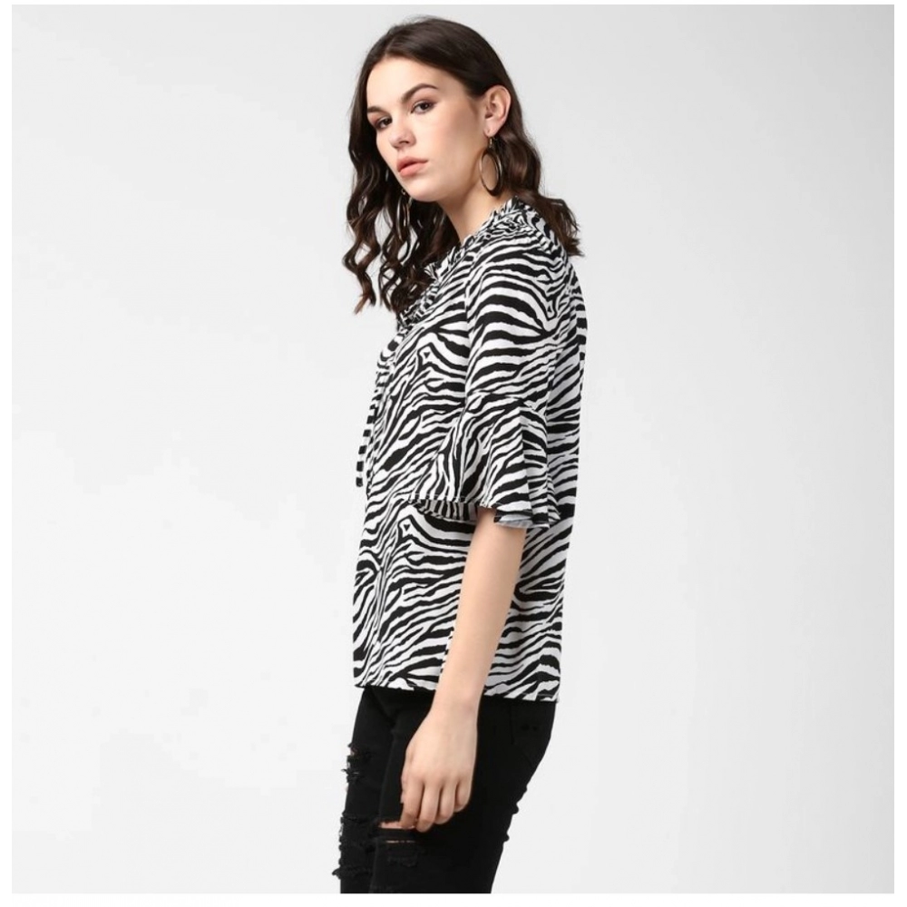 Generic Women's Polyester Animal Print Bell Sleeve Top (Black - White) - Image 3