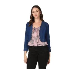 Generic Women's Denim Ruffled Long Sleeves Shrug (Navy Blue)