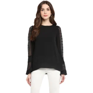 Generic Women's Polyester Georgette Self Design Bell Sleeve Regular Top (Black)