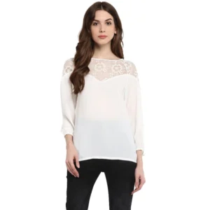 Generic Women's Polyester Georgette Self Design 3-4th Sleeves Regular Top (White)