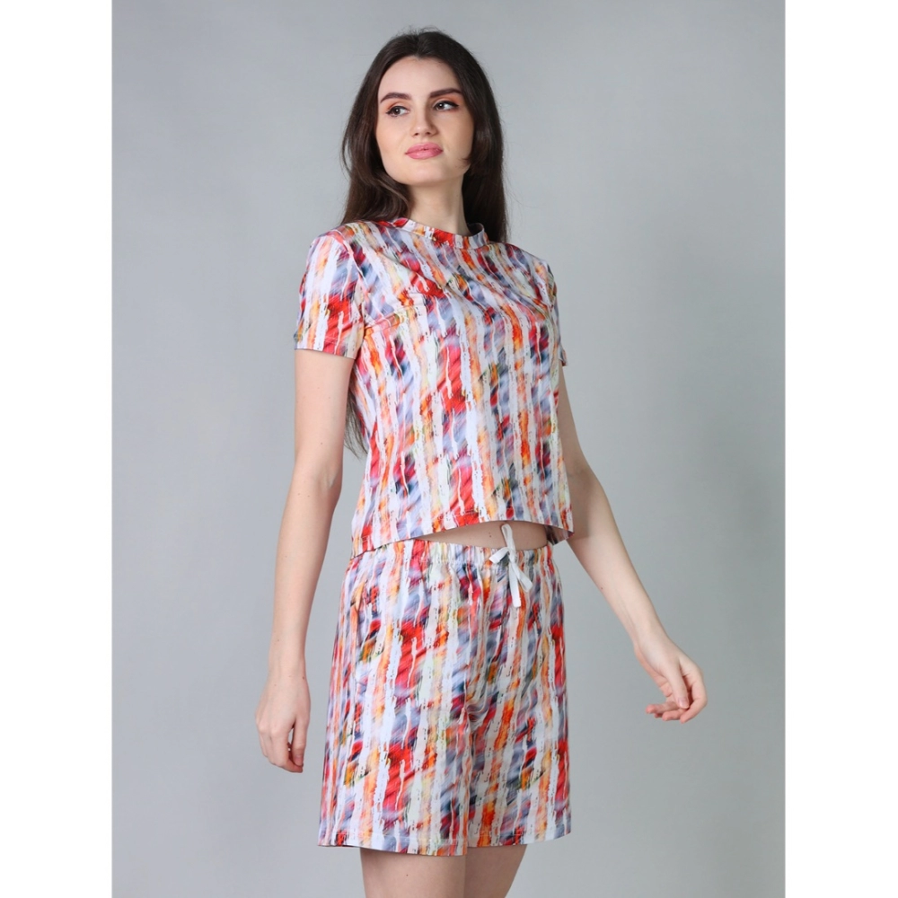 Generic Women's Cotton Blended Printed Round Neck Half Sleeve Top - Shorts Set (Red) - Image 3
