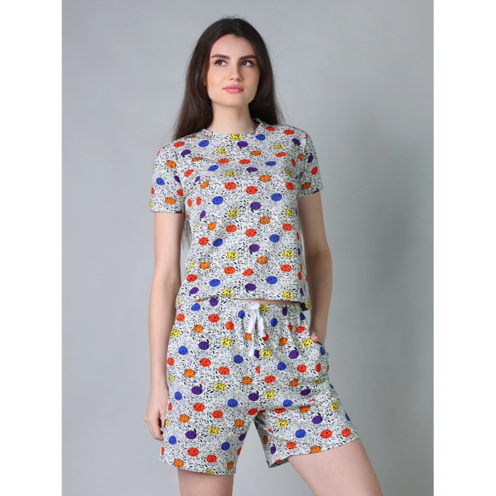 Generic Women's Cotton Blended Printed Round Neck Half Sleeve Top - Shorts Set (Grey) - Image 3