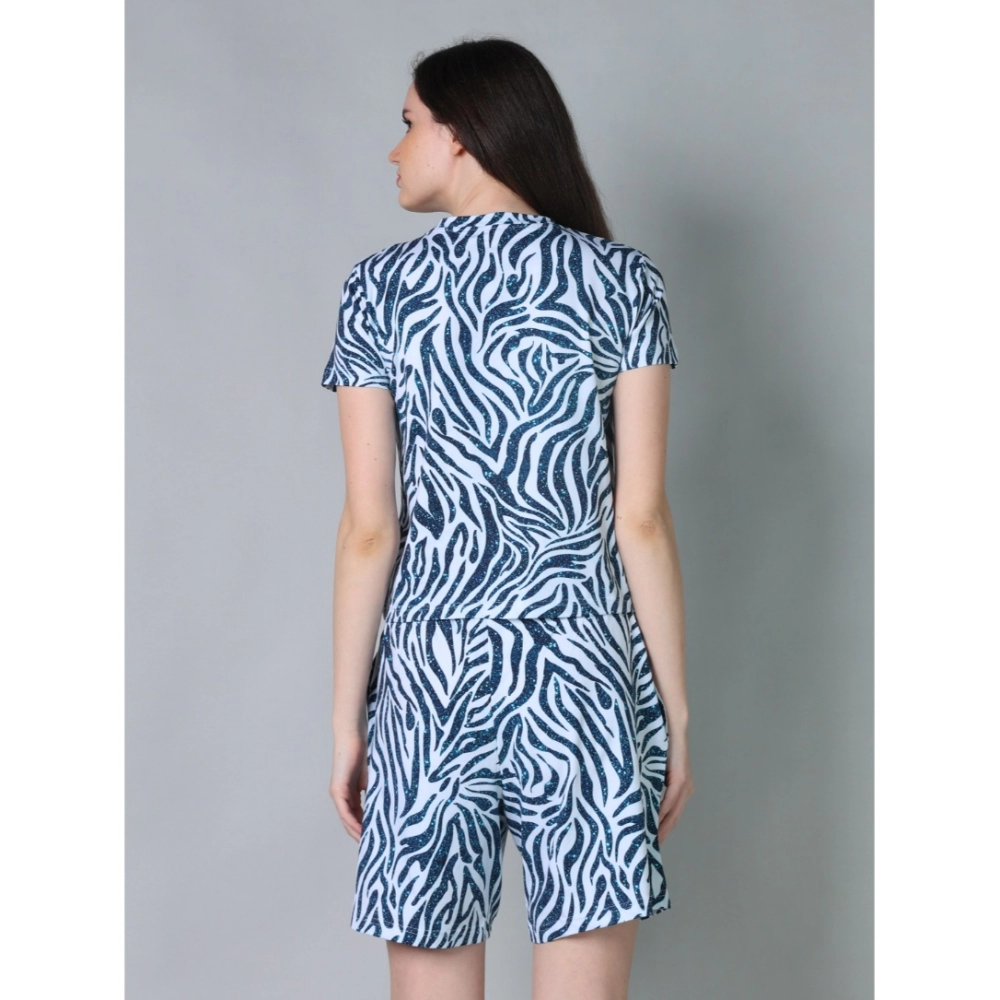 Generic Women's Cotton Blended Printed Round Neck Half Sleeve Top - Shorts Set (Blue) - Image 4