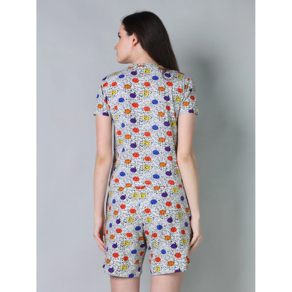 Generic Women's Cotton Blended Printed Round Neck Half Sleeve Top - Shorts Set (Grey) - Image 4