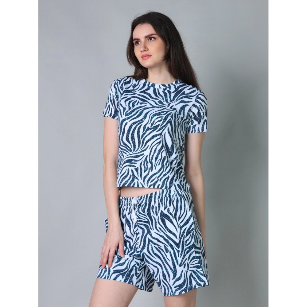 Generic Women's Cotton Blended Printed Round Neck Half Sleeve Top - Shorts Set (Blue) - Image 3