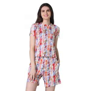 Generic Women's Cotton Blended Printed Round Neck Half Sleeve Top - Shorts Set (Red)