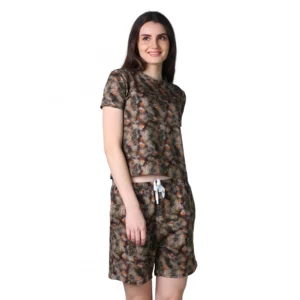 Generic Women's Cotton Blended Printed Round Neck Half Sleeve Top - Shorts Set (Brown)