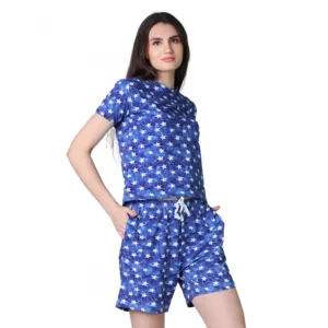 Generic Women's Cotton Blended Printed Round Neck Half Sleeve Top - Shorts Set (Blue)