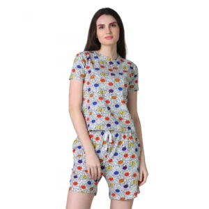 Generic Women's Cotton Blended Printed Round Neck Half Sleeve Top - Shorts Set (Grey)