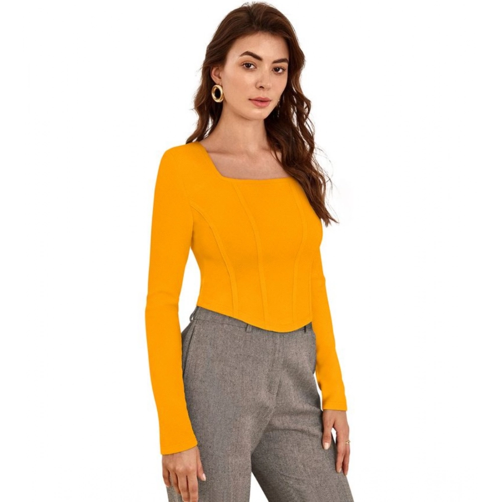 Generic Women's Polyester Solid Full Sleeves Square Neck Top (Yellow) - Image 4