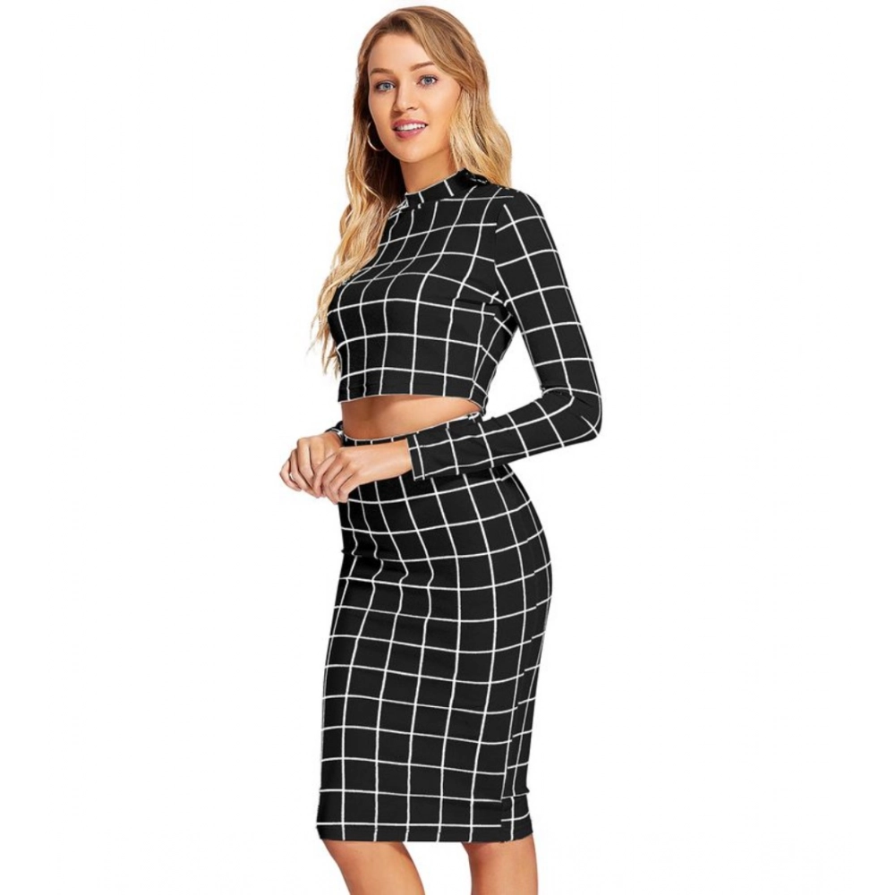 Generic Women's Polyester Checkered Full Sleeves Stand Collar Crop Top Skirt Set (Black) - Image 4