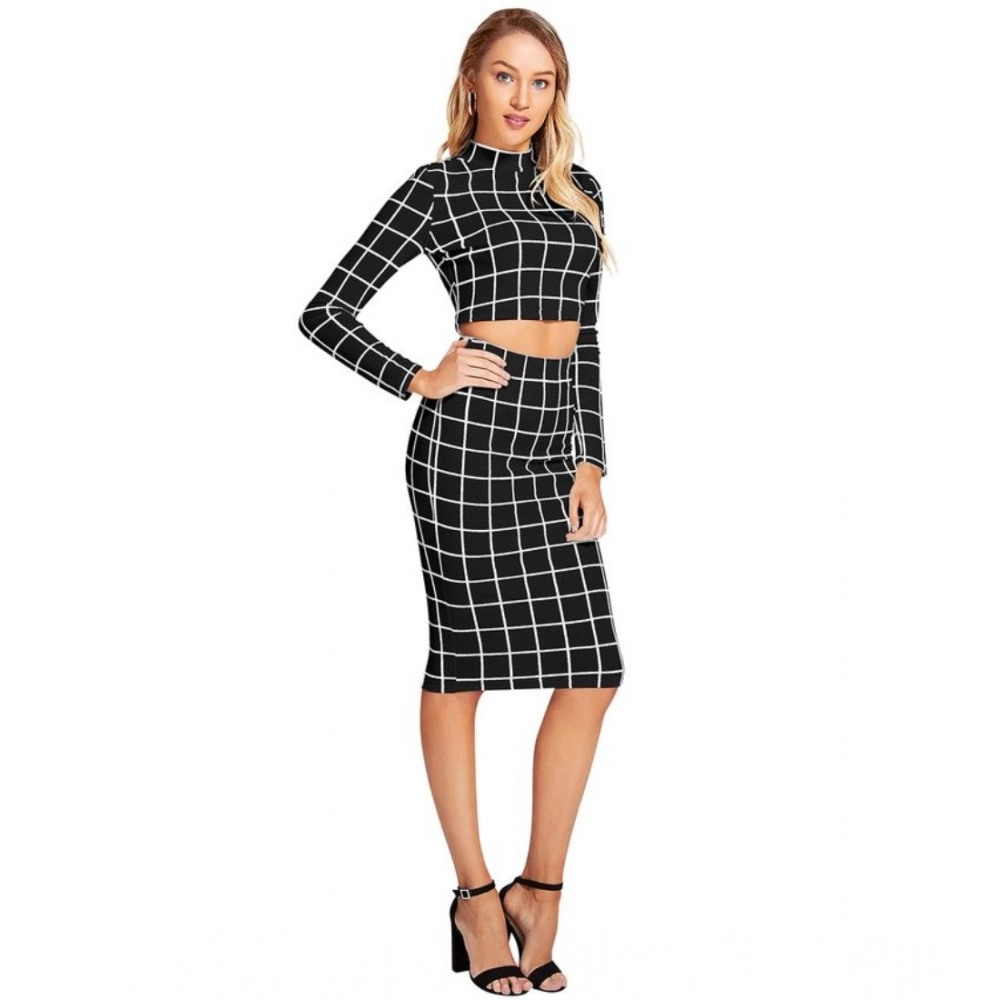 Generic Women's Polyester Checkered Full Sleeves Stand Collar Crop Top Skirt Set (Black) - Image 5