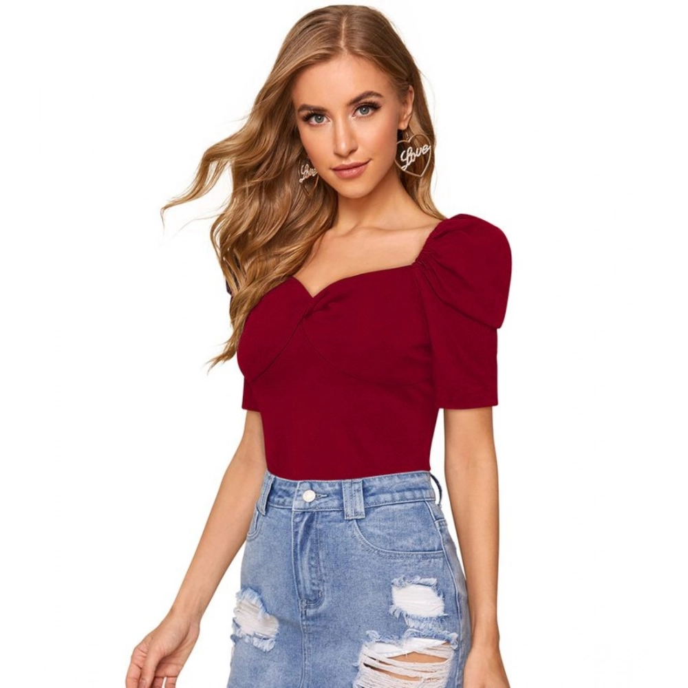 Generic Women's Polyester Solid Puff Short Sleeves Sweetheart Neck Top (Maroon) - Image 4