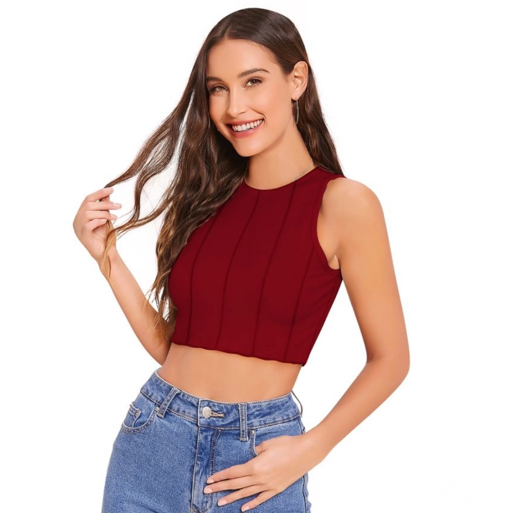 Generic Women's Polyester Solid Sleeveless Round Neck Top (Maroon)